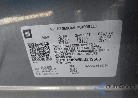 2020 Chevrolet Traverse Fwd Rs z USA, uszkodzony, nr VIN 1GNERJKW9LJ243508